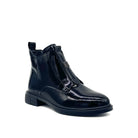 BONAVI Celeste black patent leather front-zip ankle boot with block heel, angled view
