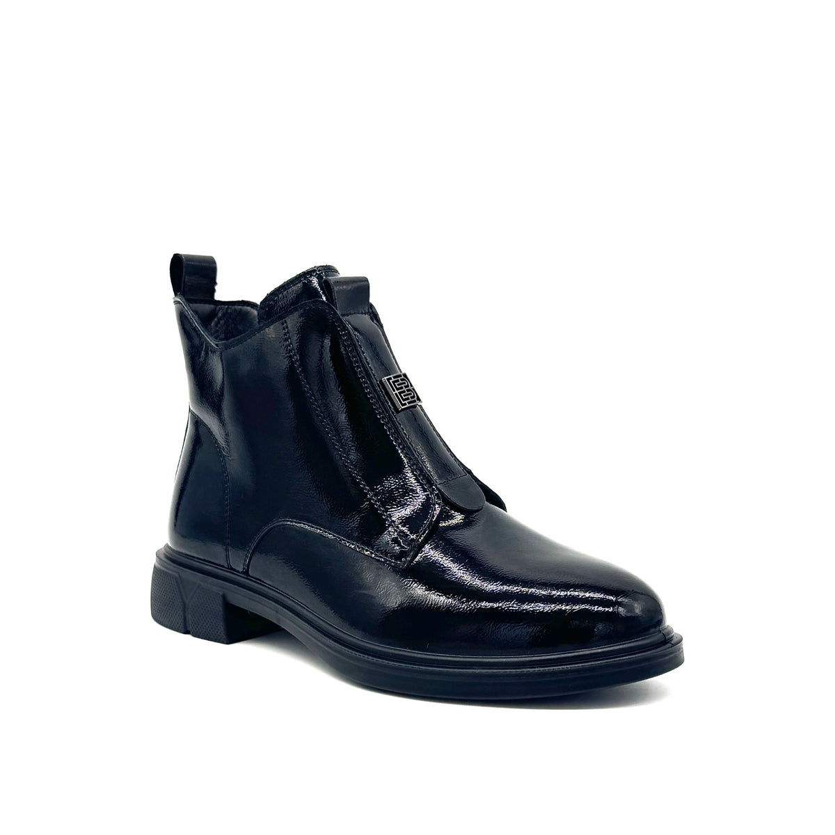 BONAVI Celeste black patent leather front-zip ankle boot with block heel, angled view