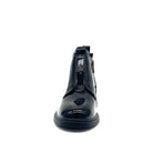 BONAVI Celeste black patent leather front-zip ankle boot with block heel, front view
