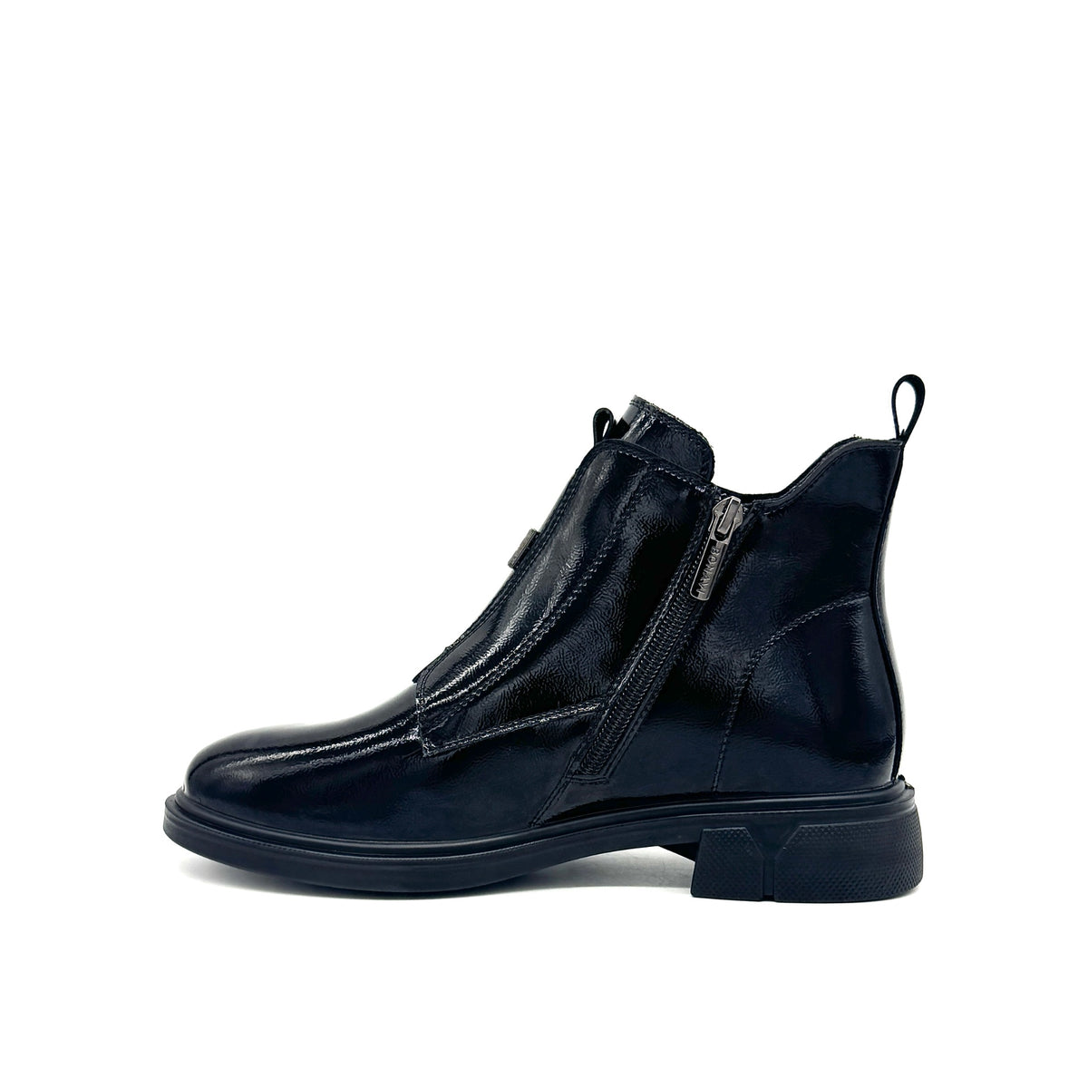BONAVI Celeste black patent leather front-zip ankle boot with block heel, inner side view