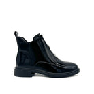 BONAVI Celeste black patent leather front-zip ankle boot with block heel, side view
