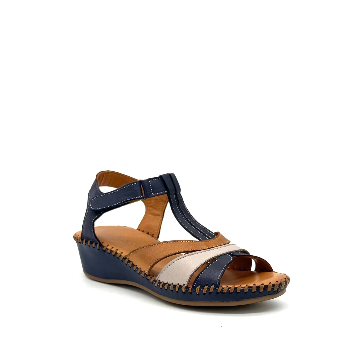 BONAVI Cleo genuine leather T-strap wedge sandal in navy and beige with hand-stitched sole