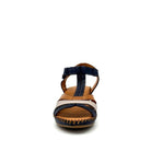 BONAVI Cleo genuine leather T-strap wedge sandal in navy and beige with hand-stitched sole
