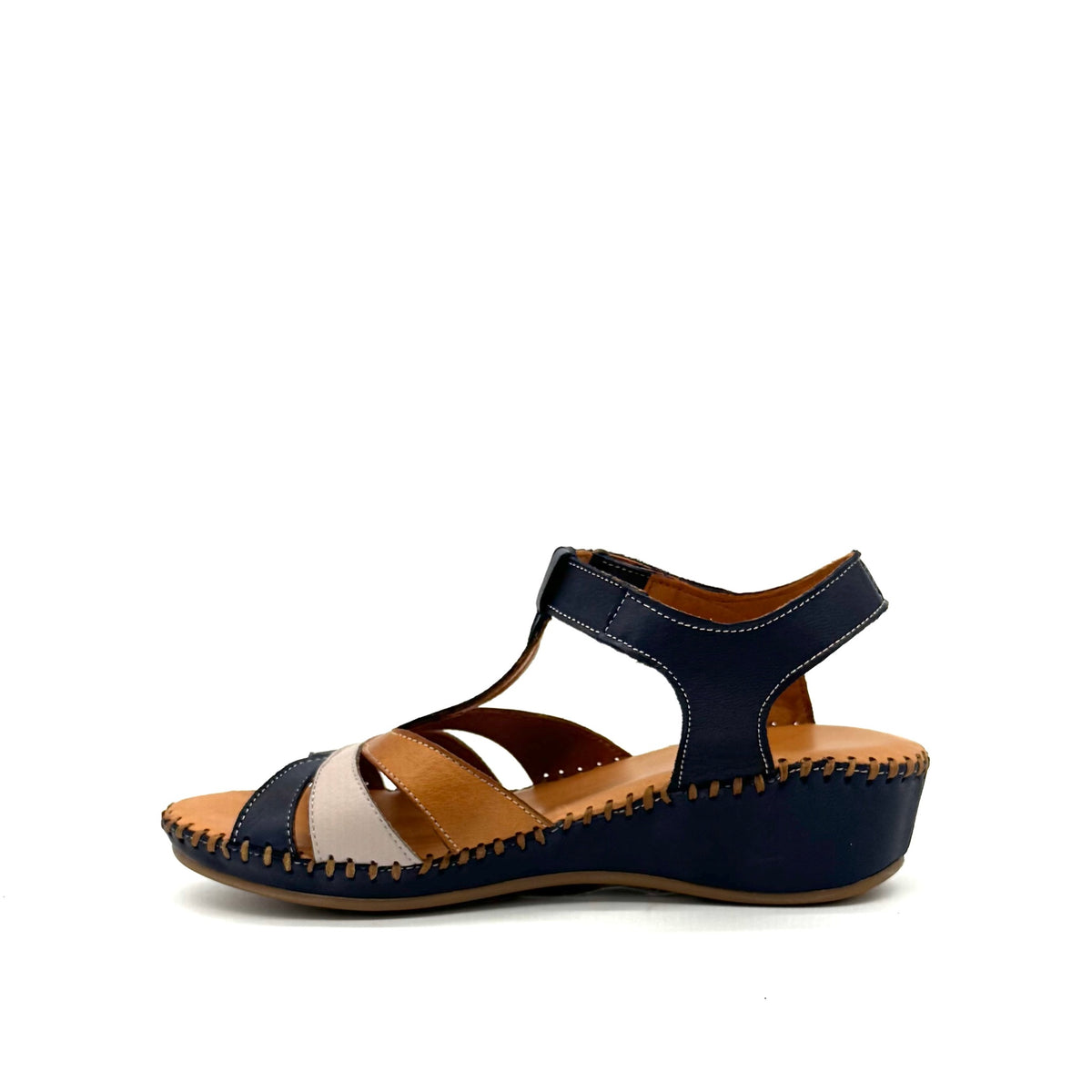 BONAVI Cleo genuine leather T-strap wedge sandal in navy and beige with hand-stitched sole