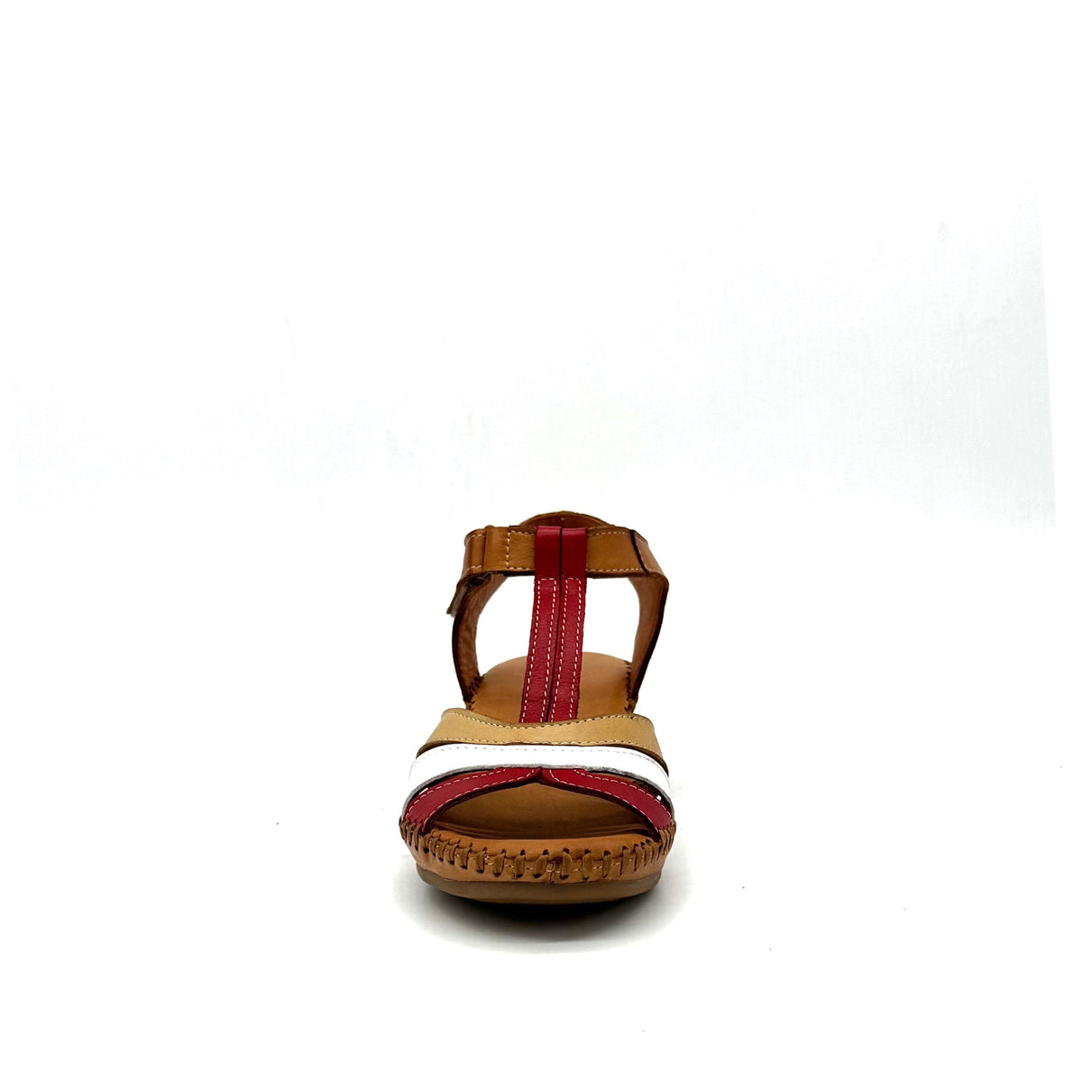 BONAVI Cleo genuine leather T-strap wedge sandal in tan, red, gold and white with hand-stitched sole