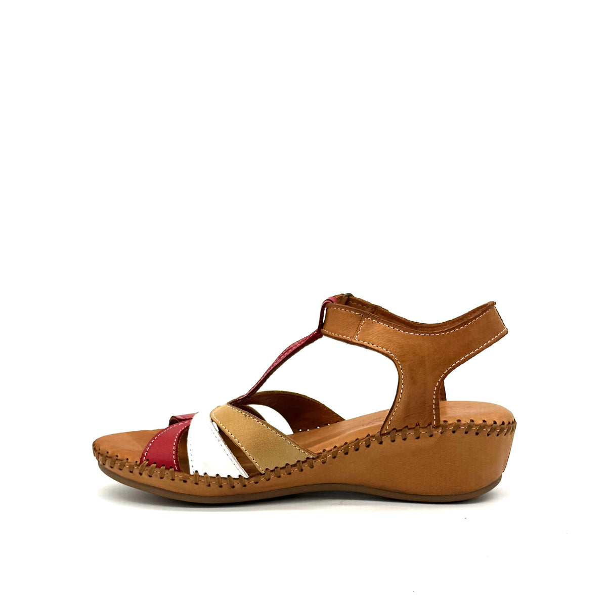 BONAVI Cleo genuine leather T-strap wedge sandal in tan, red, gold and white with hand-stitched sole