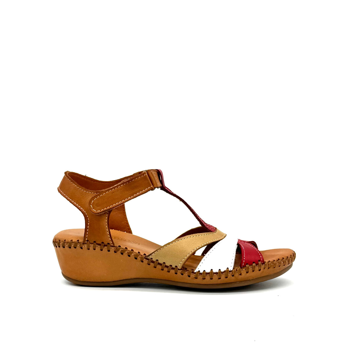BONAVI Cleo genuine leather T-strap wedge sandal in tan, red, gold and white with hand-stitched sole