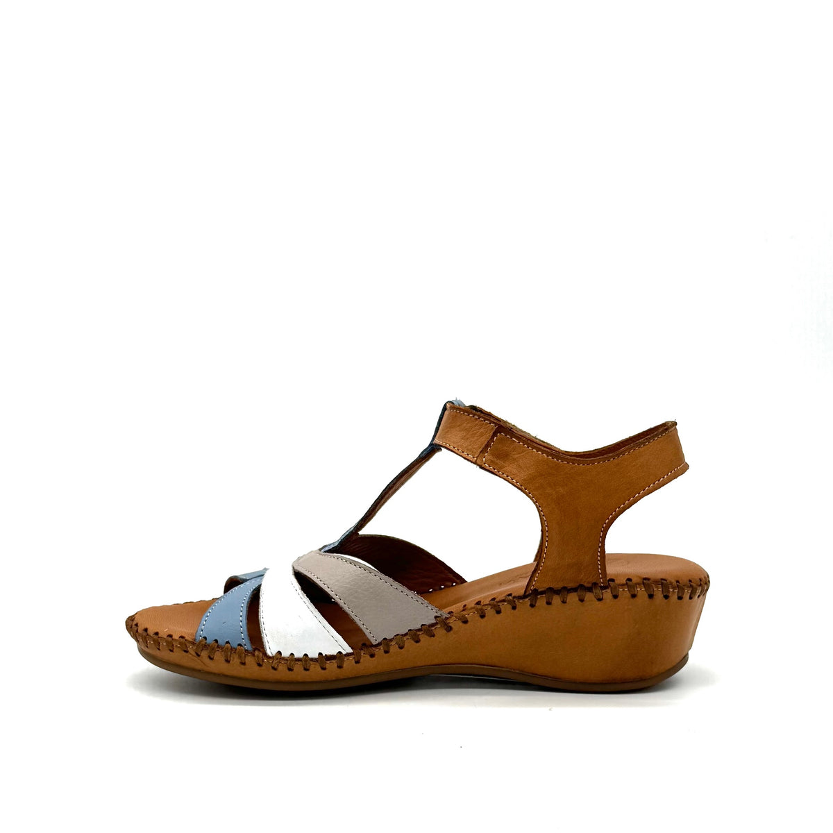 BONAVI Cleo genuine leather T-strap wedge sandal in tan, sky blue and white with hand-stitched sole