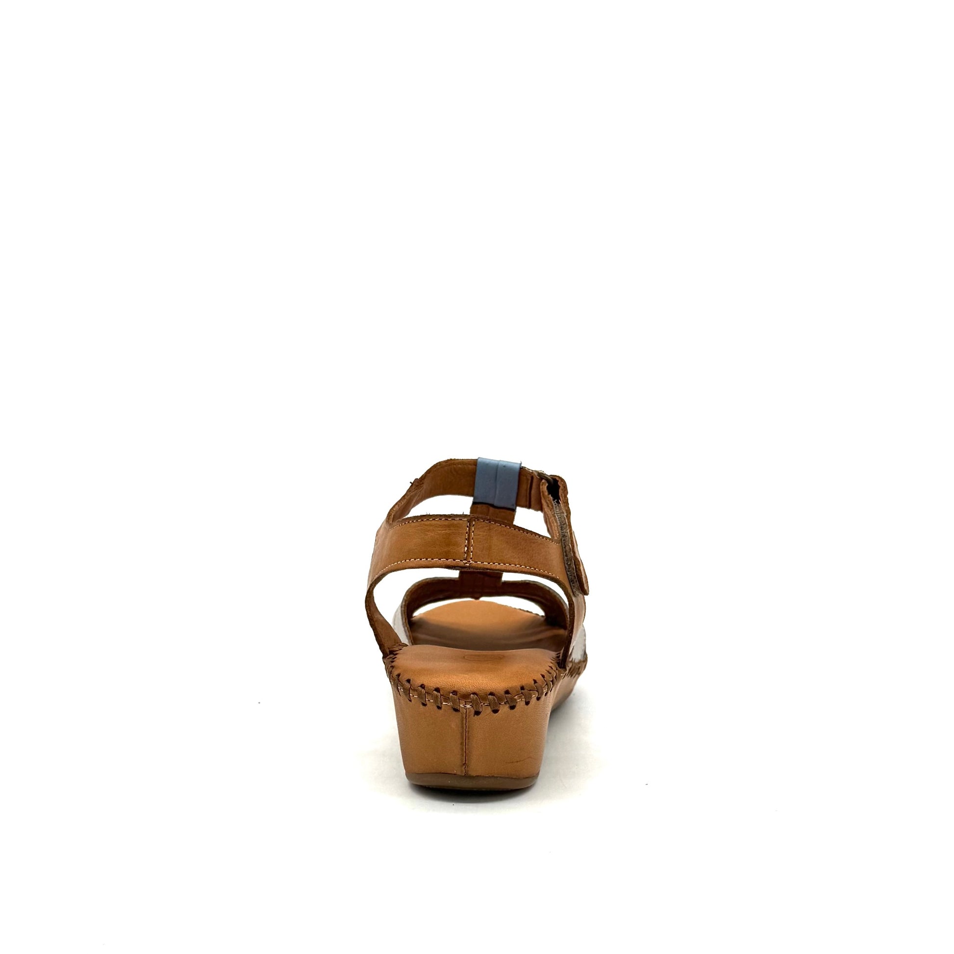 BONAVI Cleo genuine leather T-strap wedge sandal in tan, sky blue and white with hand-stitched sole