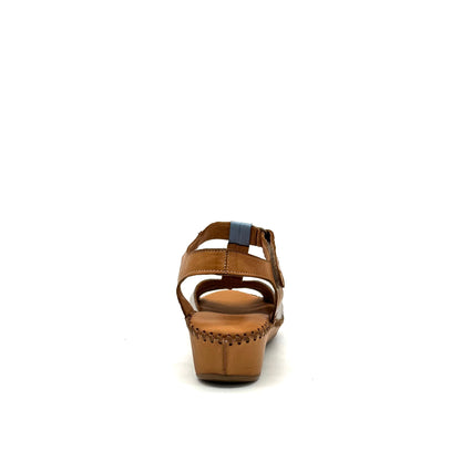 BONAVI Cleo genuine leather T-strap wedge sandal in tan, sky blue and white with hand-stitched sole