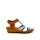 BONAVI Cleo genuine leather T-strap wedge sandal in tan, sky blue and white with hand-stitched sole