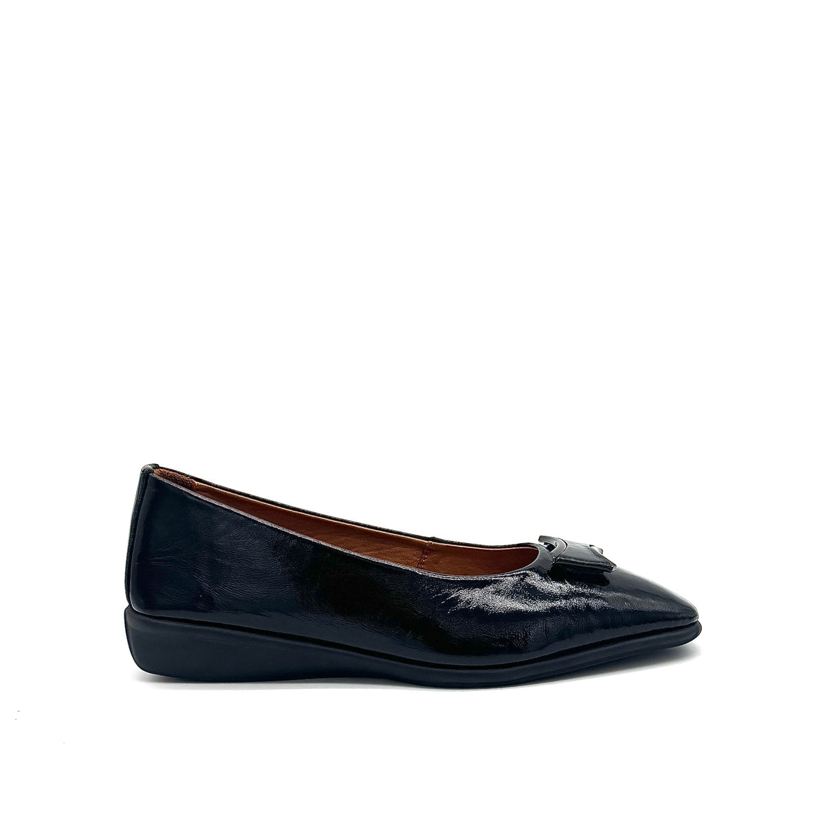 BONAVI Denise genuine leather pointed toe flat in black with tonal buckle detail and low wedge heel