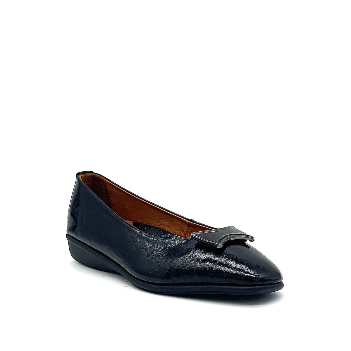 BONAVI Denise genuine leather pointed toe flat in black with tonal buckle detail and low wedge heel