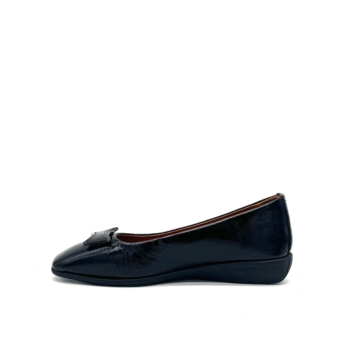 BONAVI Denise genuine leather pointed toe flat in black with tonal buckle detail and low wedge heel