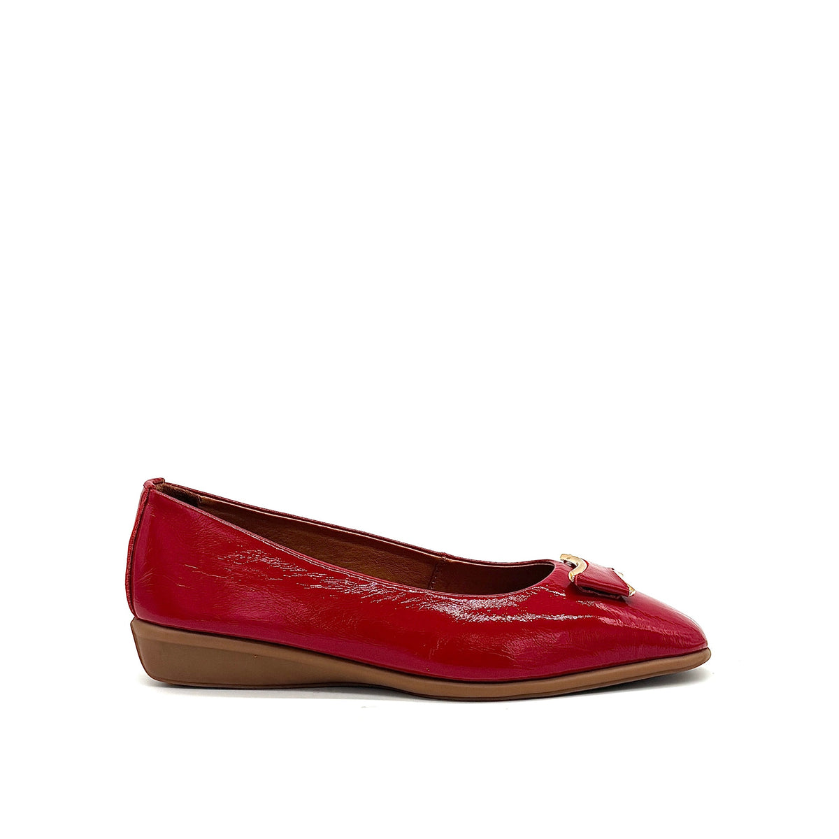 BONAVI Denise genuine leather pointed toe flat in red with tonal buckle detail and low wedge heel