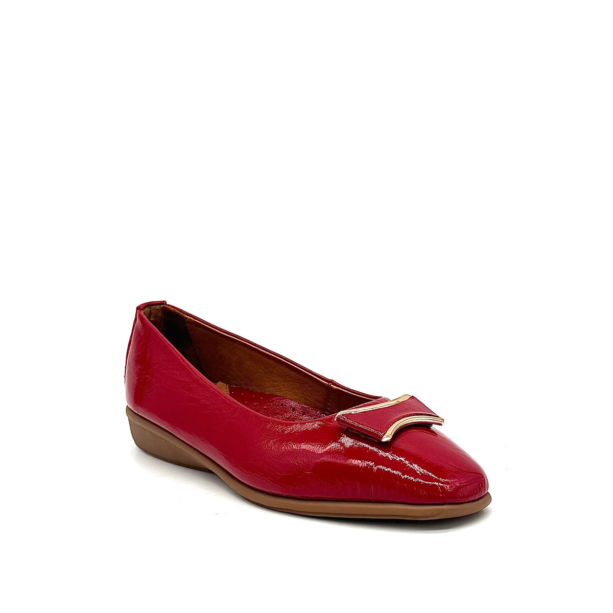 BONAVI Denise genuine leather pointed toe flat in red with tonal buckle detail and low wedge heel