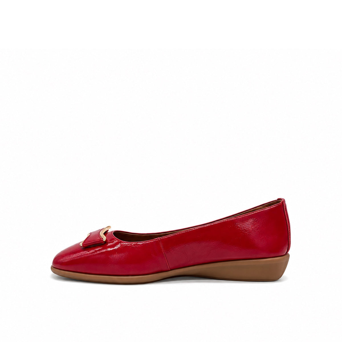 BONAVI Denise genuine leather pointed toe flat in red with tonal buckle detail and low wedge heel