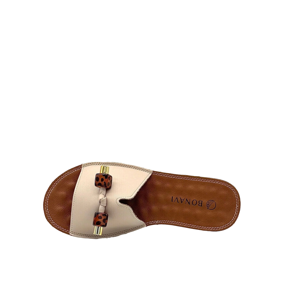 BONAVI Flora beige leather slide sandals for women with flexible rubber sole