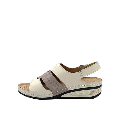 BONAVI Icon beige leather comfort sandals for women with breathable perforated design and cushioned footbed