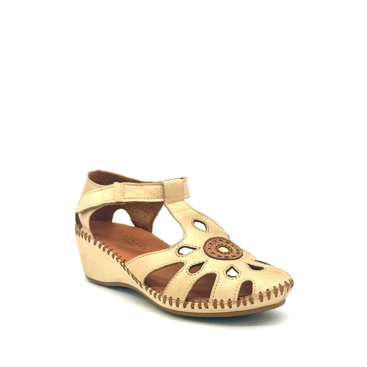 BONAVI Iliana genuine leather cutout wedge sandal in beige with T-strap and hand-stitched sole