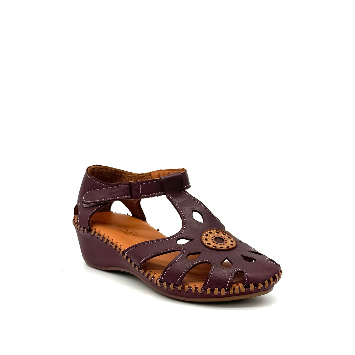 BONAVI Iliana genuine leather cutout wedge sandal in burgundy with T-strap and hand-stitched sole