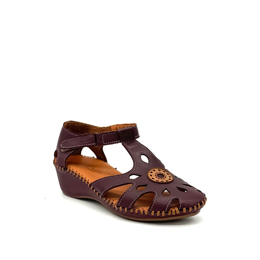 BONAVI Iliana genuine leather cutout wedge sandal in burgundy with T-strap and hand-stitched sole
