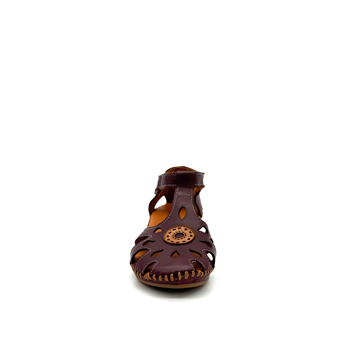 BONAVI Iliana genuine leather cutout wedge sandal in burgundy with T-strap and hand-stitched sole