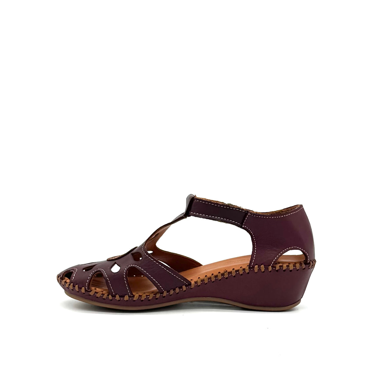 BONAVI Iliana genuine leather cutout wedge sandal in burgundy with T-strap and hand-stitched sole