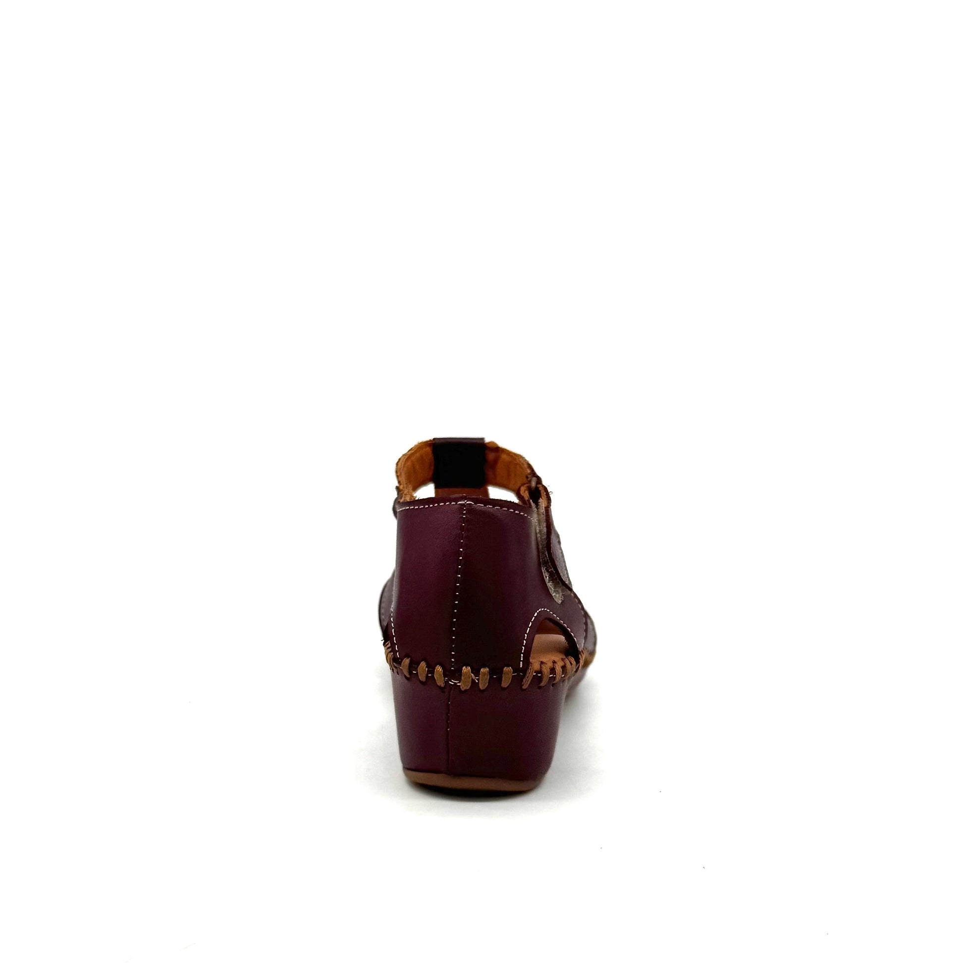 BONAVI Iliana genuine leather cutout wedge sandal in burgundy with T-strap and hand-stitched sole