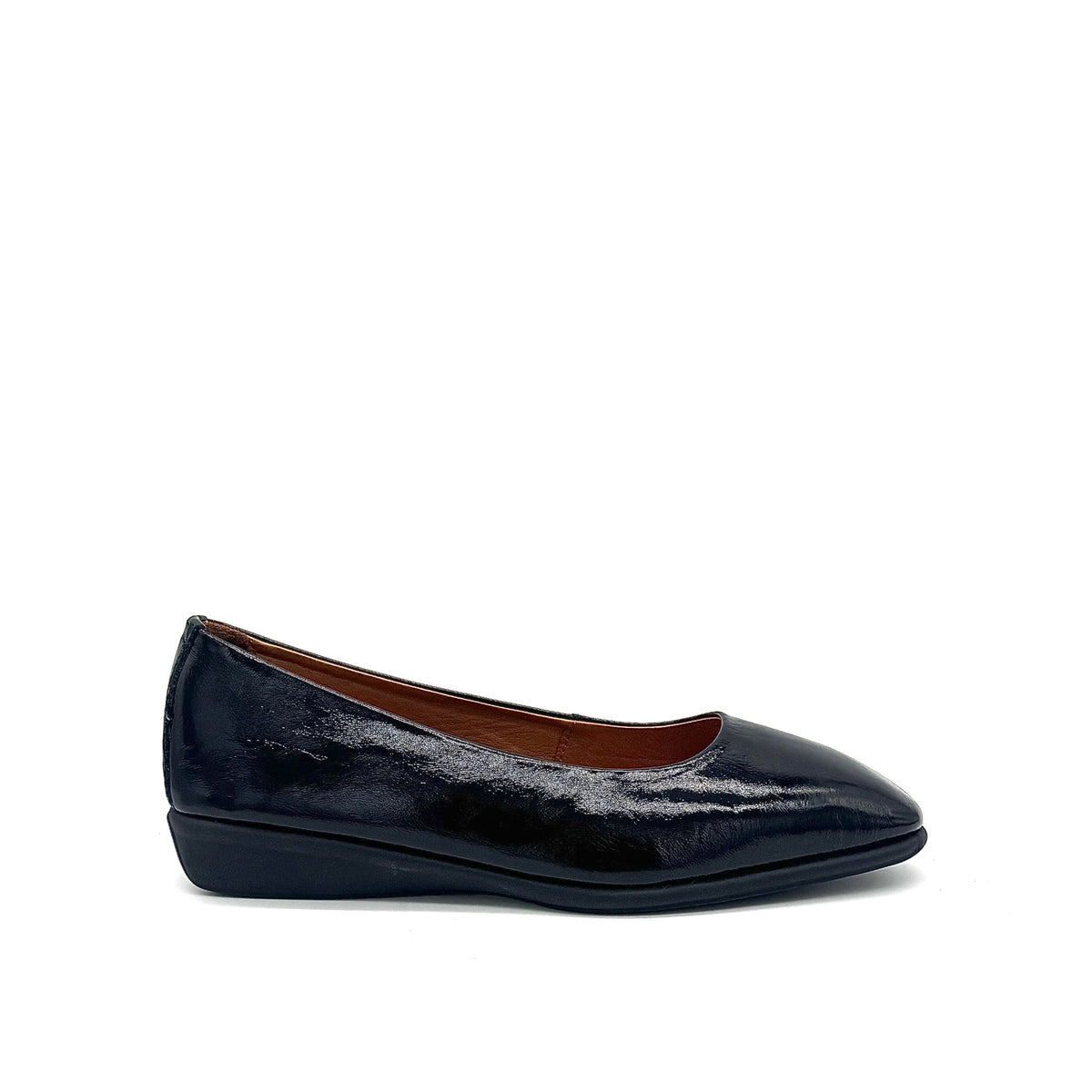 BONAVI Jasmine genuine leather almond toe flat in black with high-shine patent finish and low wedge heel
