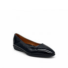 BONAVI Jasmine genuine leather almond toe flat in black with high-shine patent finish and low wedge heel
