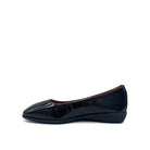 BONAVI Jasmine genuine leather almond toe flat in black with high-shine patent finish and low wedge heel