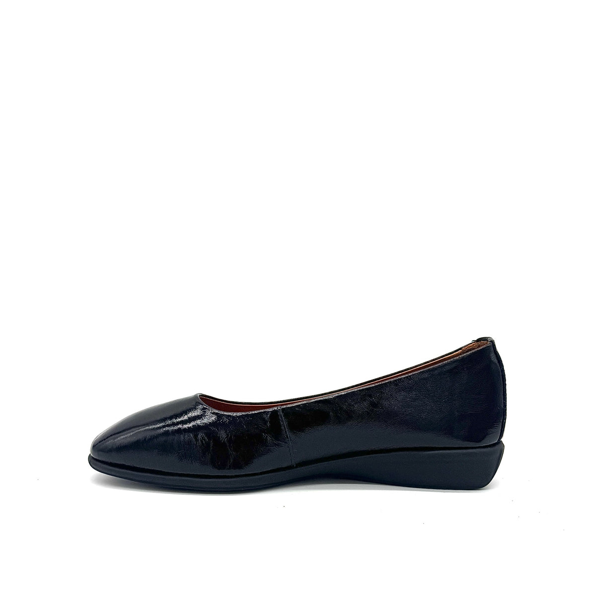 BONAVI Jasmine genuine leather almond toe flat in black with high-shine patent finish and low wedge heel