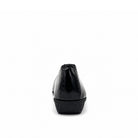 BONAVI Jasmine genuine leather almond toe flat in black with high-shine patent finish and low wedge heel