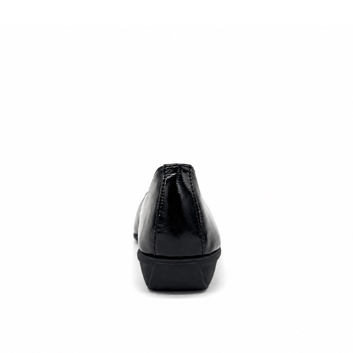 BONAVI Jasmine genuine leather almond toe flat in black with high-shine patent finish and low wedge heel