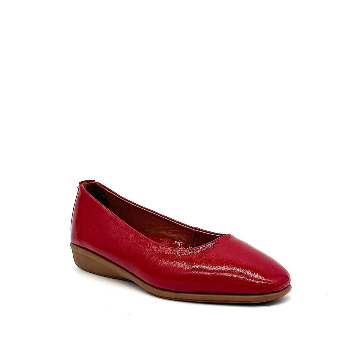 BONAVI Jasmine genuine leather almond toe flat in red with high-shine patent finish and low wedge heel