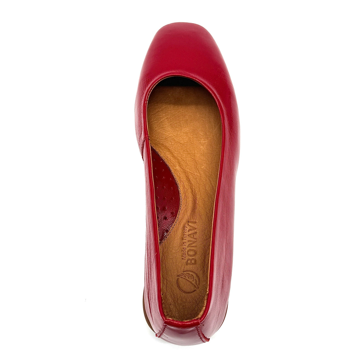 BONAVI Jasmine genuine leather almond toe flat in red with high-shine patent finish and low wedge heel