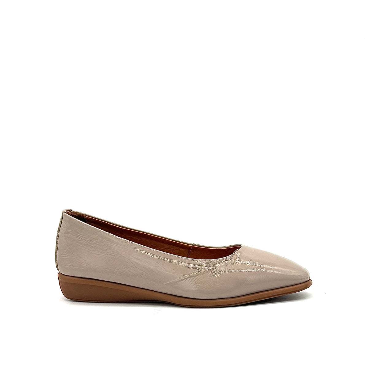 BONAVI Jasmine genuine leather almond toe flat in taupe with high-shine patent finish and low wedge heel