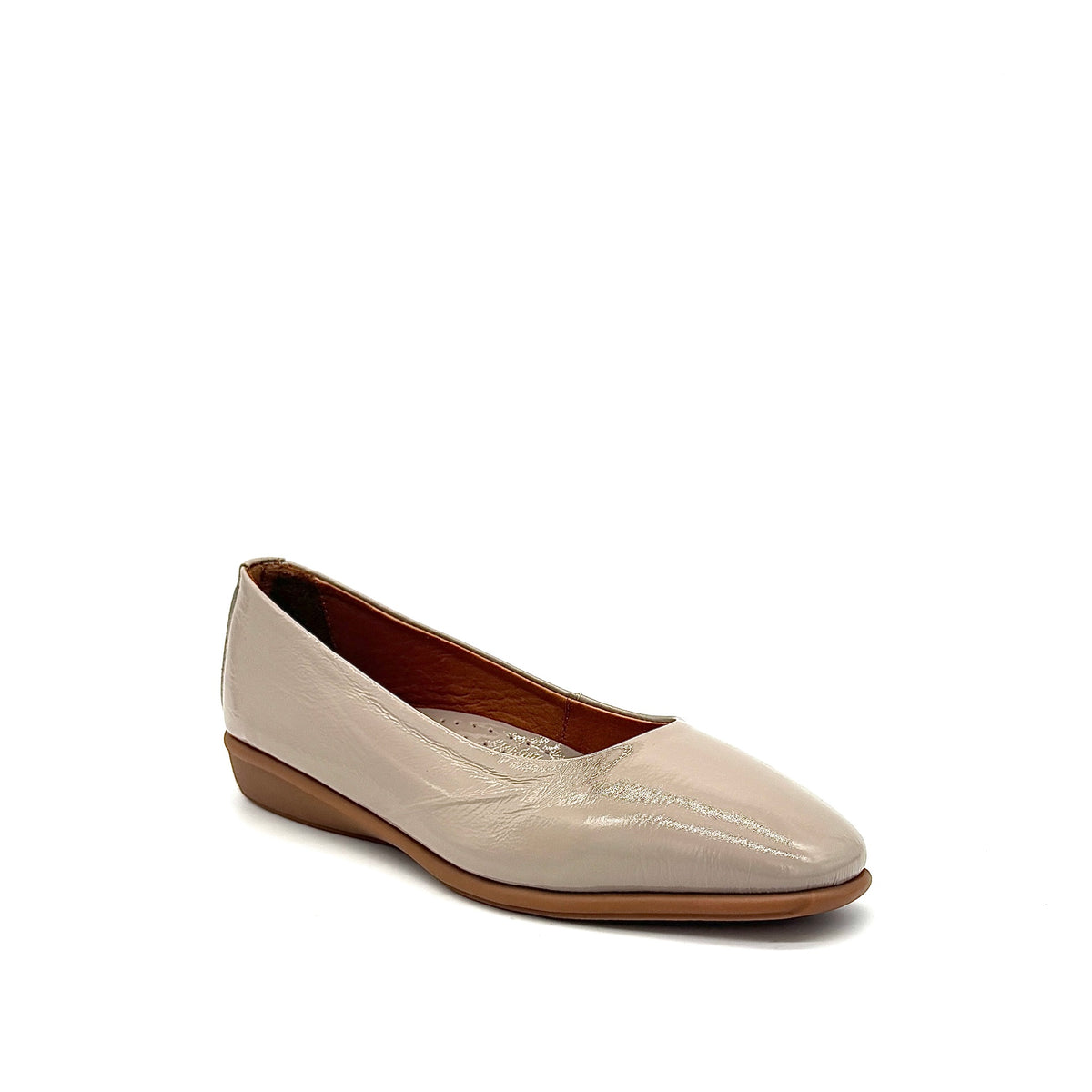 BONAVI Jasmine genuine leather almond toe flat in taupe with high-shine patent finish and low wedge heel