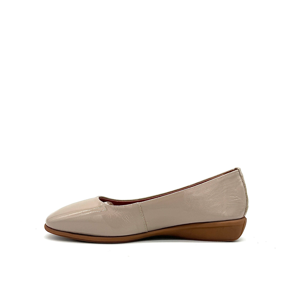 BONAVI Jasmine genuine leather almond toe flat in taupe with high-shine patent finish and low wedge heel
