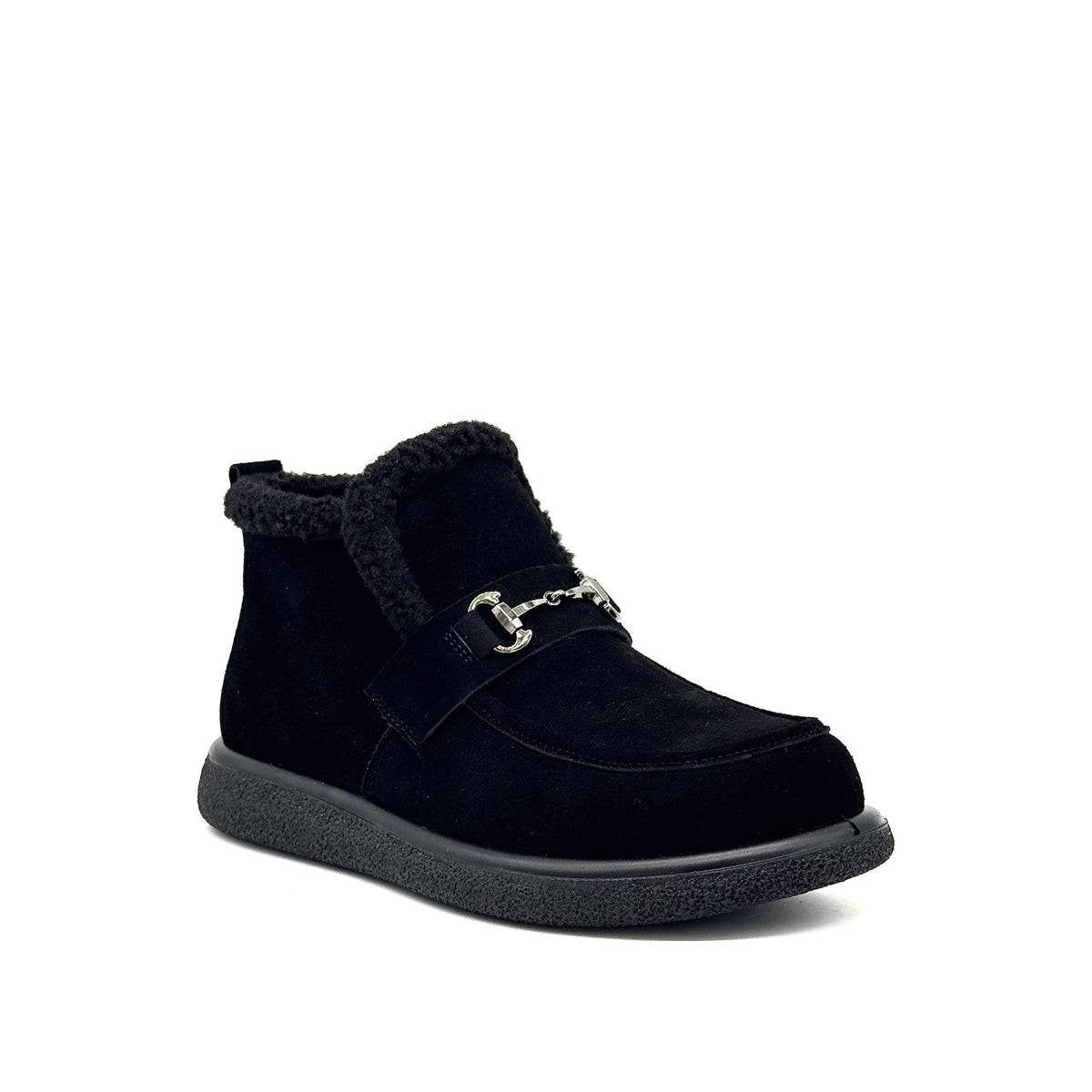 BONAVI Juniper suede moc shoe in black with shearling-style trim and buckle detail, angled view