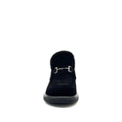 BONAVI Juniper suede moc shoe in black with shearling-style trim and buckle detail, front view