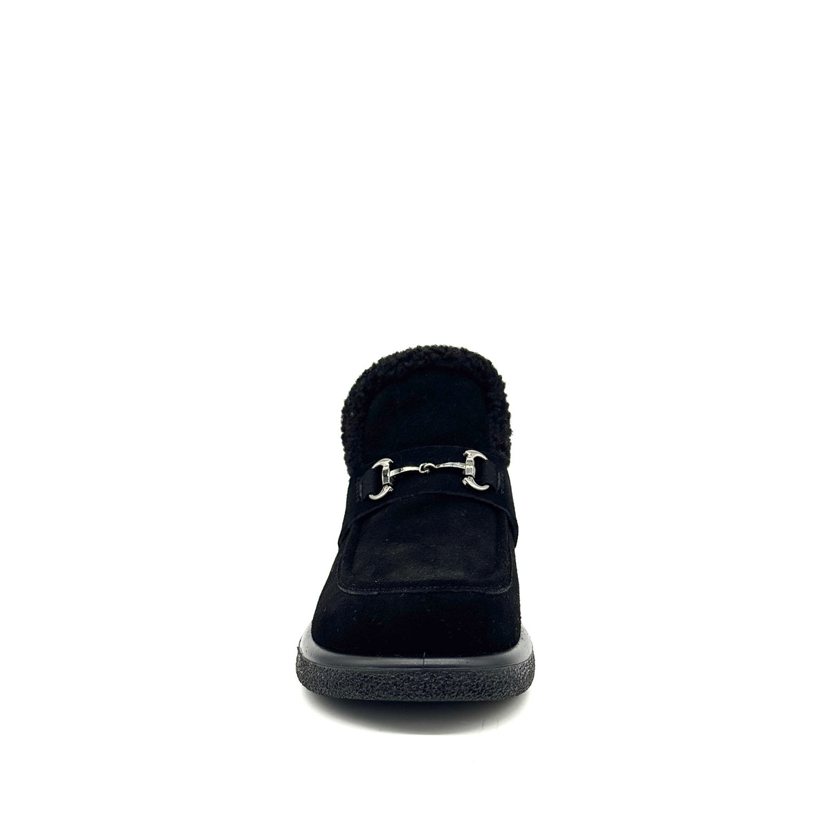 BONAVI Juniper suede moc shoe in black with shearling-style trim and buckle detail, front view