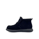 BONAVI Juniper suede moc shoe in black with shearling-style trim and buckle detail, inner side view