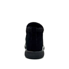 BONAVI Juniper suede moc shoe in black with shearling-style trim, rear view