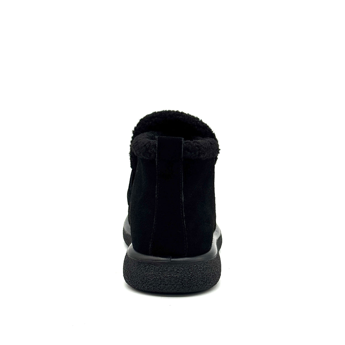 BONAVI Juniper suede moc shoe in black with shearling-style trim, rear view