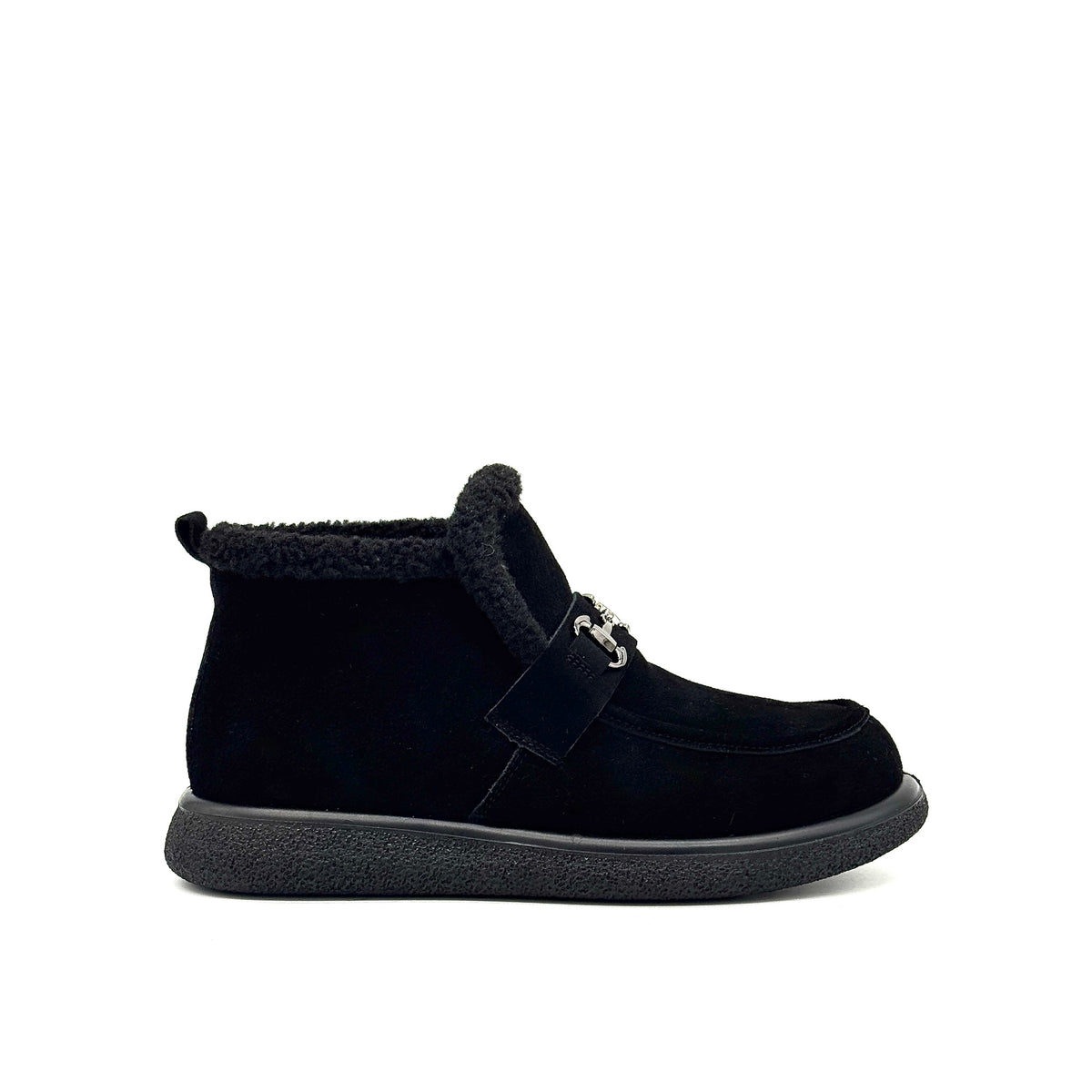 BONAVI Juniper suede moc shoe in black with shearling-style trim and buckle detail, side view