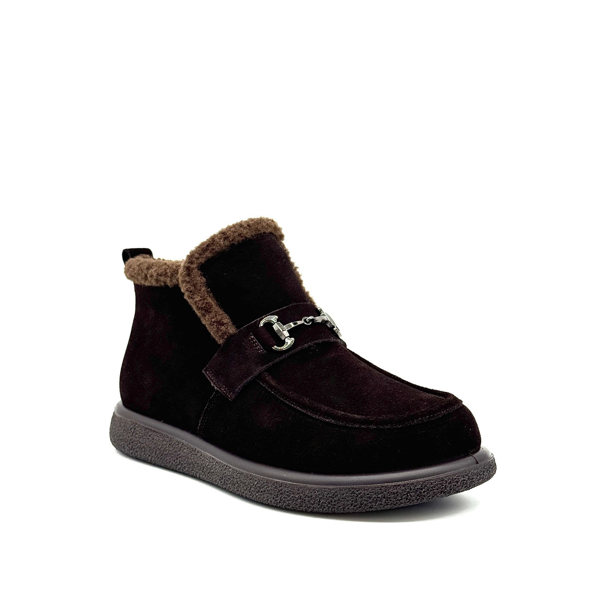 BONAVI Juniper suede moc shoe in chocolate brown with shearling-style trim and buckle detail, angled view