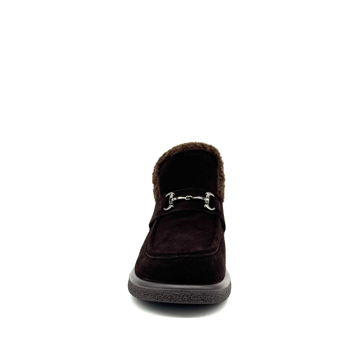 BONAVI Juniper suede moc shoe in chocolate brown with shearling-style trim and buckle detail, front view