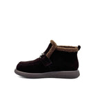 BONAVI Juniper suede moc shoe in chocolate brown with shearling-style trim and buckle detail, inner side view
